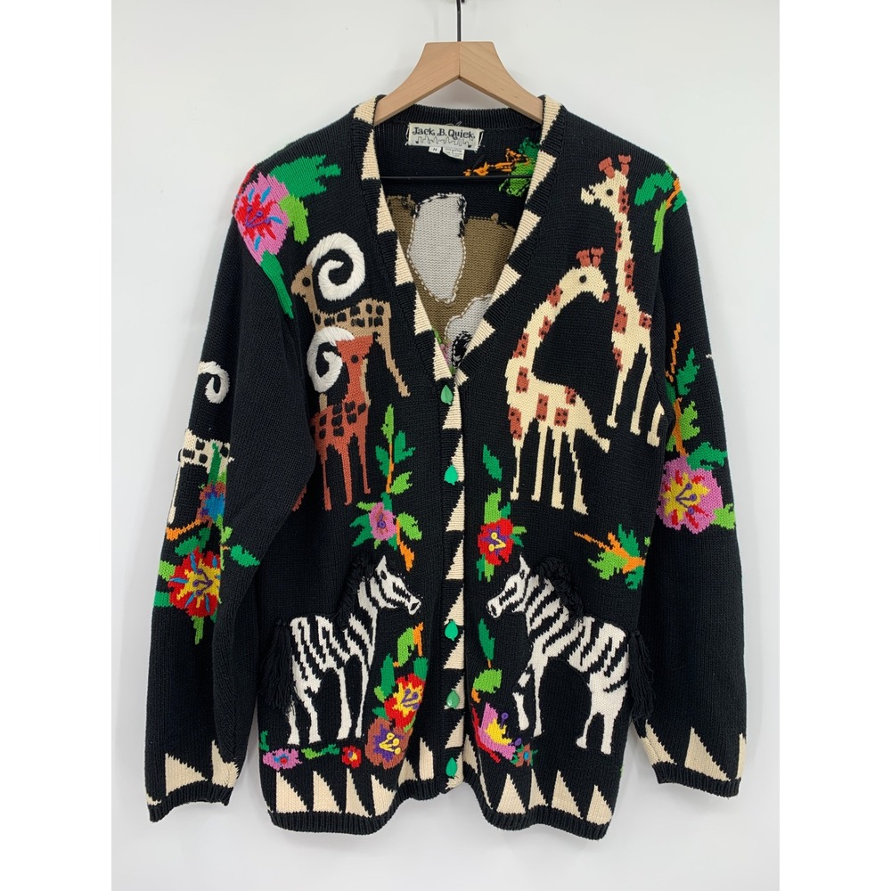 Vintage Jack B Quick Sweater Medium Black Animal Safari Zebra Giraffe Elephant